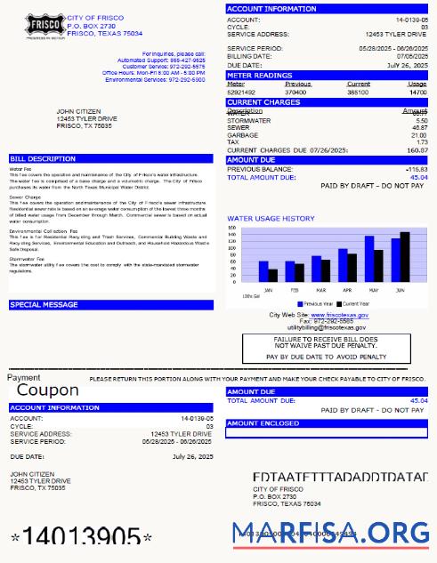 Printable USA City of Frisco utility bill template in Word and PDF formats